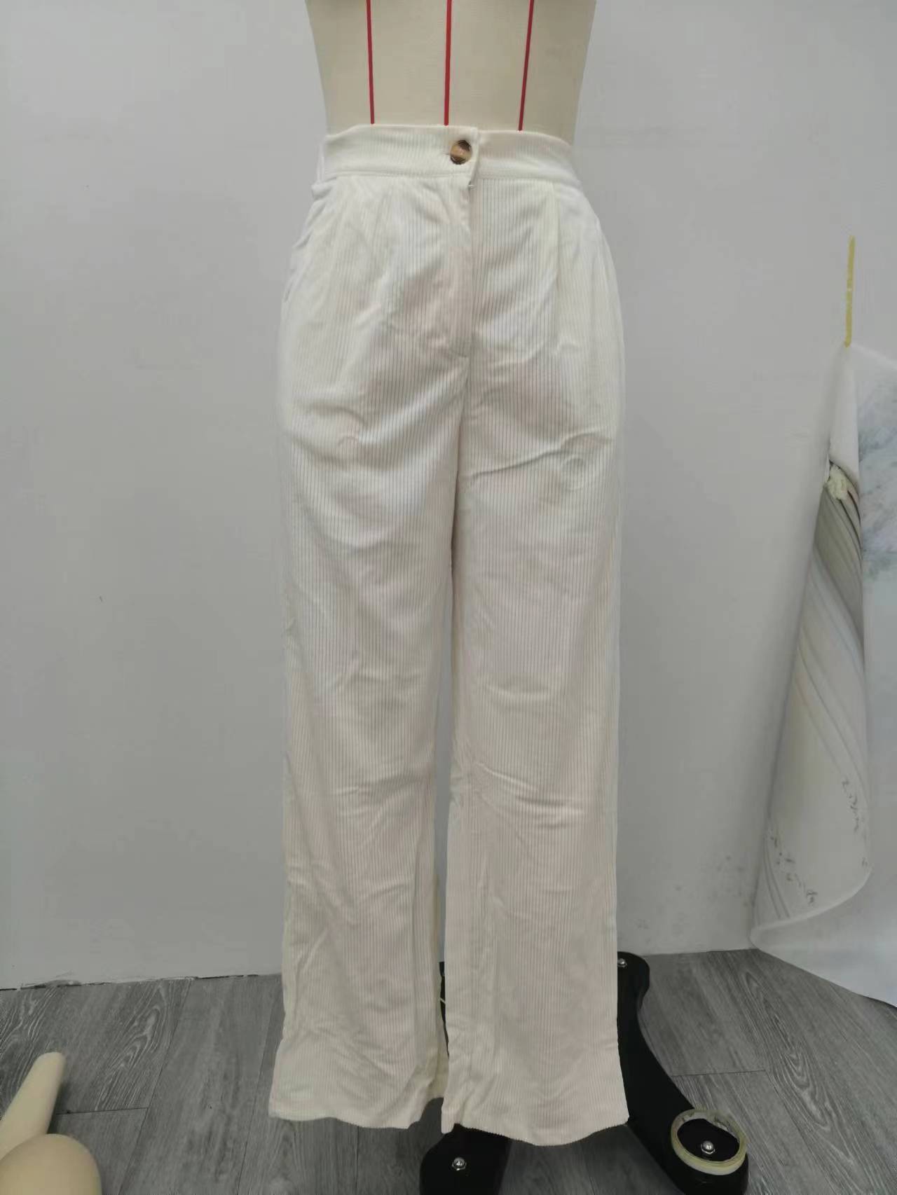 Women's High Waist Casual Pants Solid Color Corduroy Baggy Straight Trousers Beige - D&A