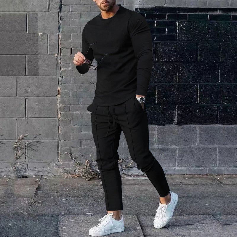 Spring Round Neck Long Sleeve T-shirt Trousers Solid Color Men's Two-piece Suit Black - D&A