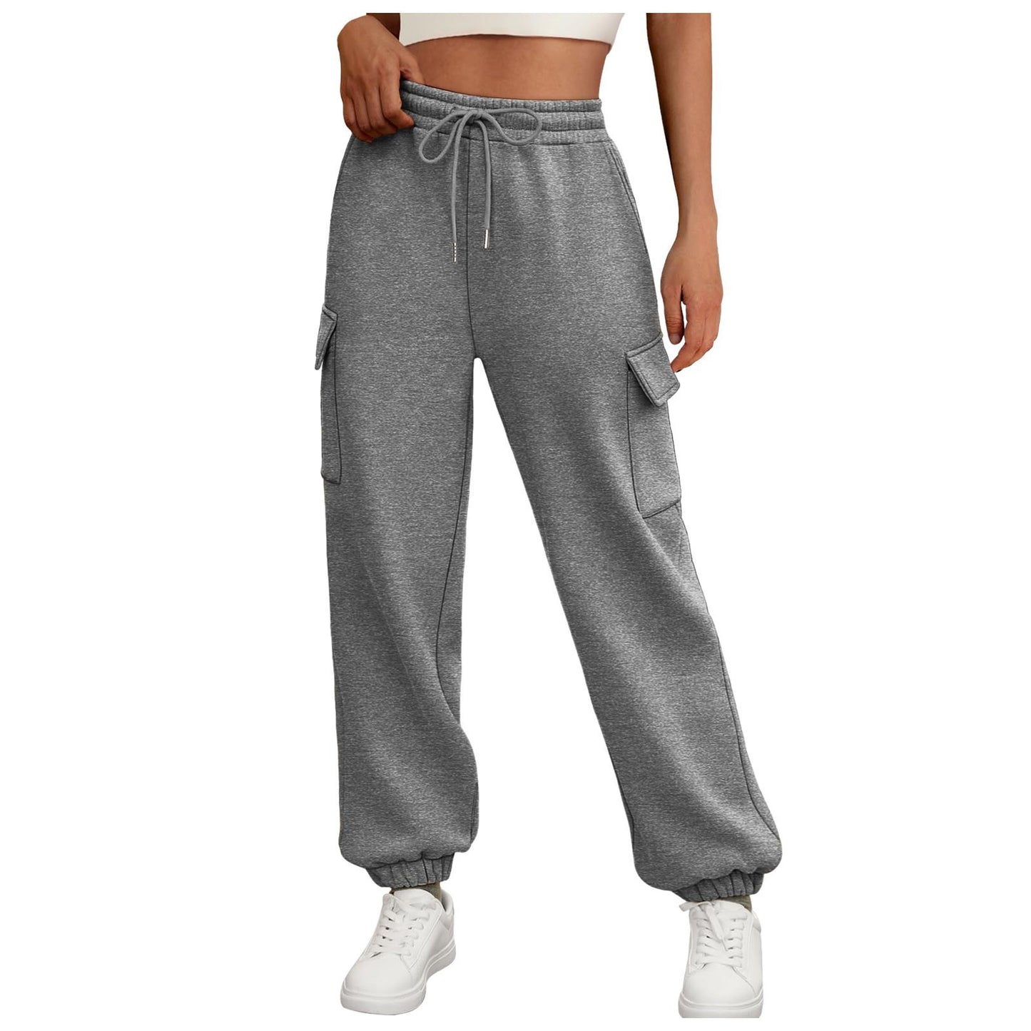 Casual Side Pocket Elastic Waist Solid Color Straight-leg Pants Gray - D&A