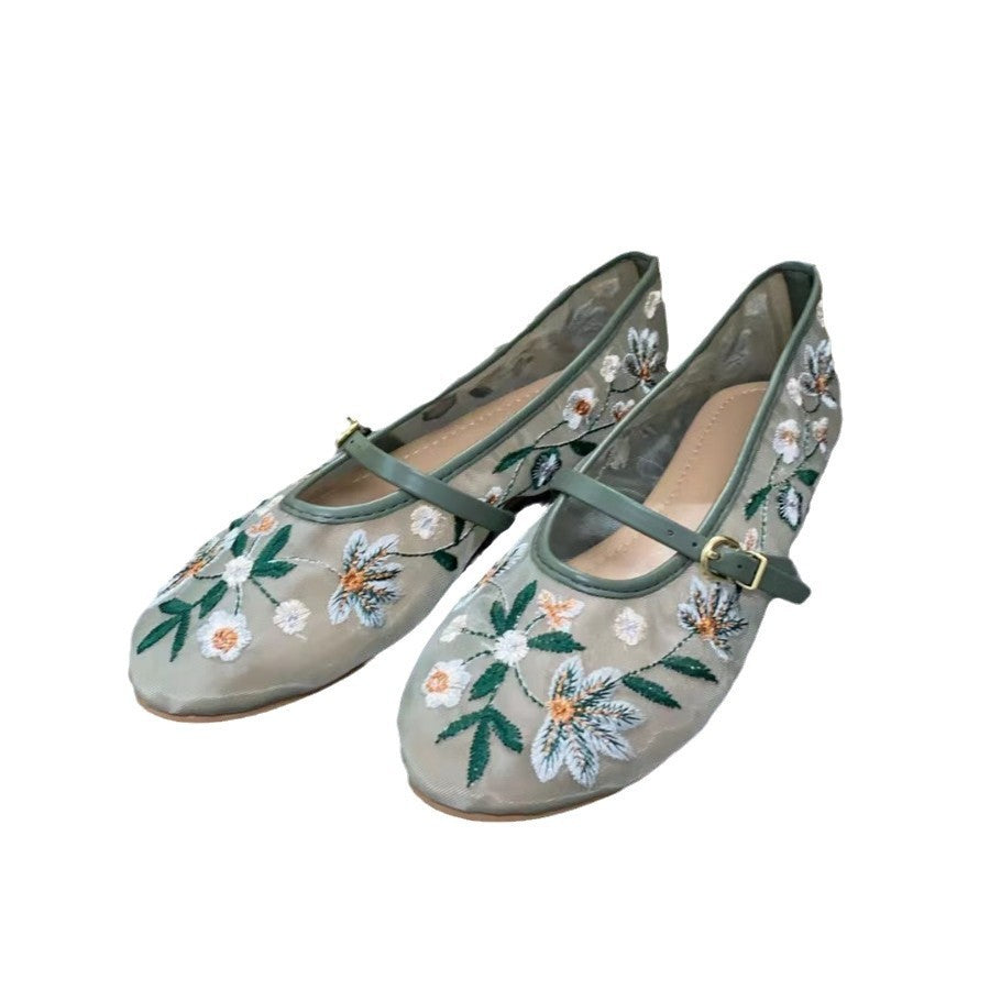 Women's Shoes Green Flower Embroidered Mesh Cloth Ballerina Flats New Guo Feng - D&A
