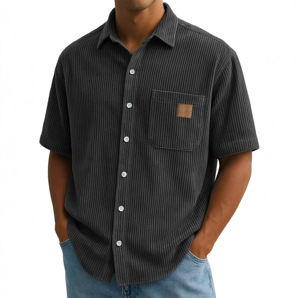 Versatile Leisure Corduroy Leather Sticker Pocket Short Sleeve Shirt Black - D&A