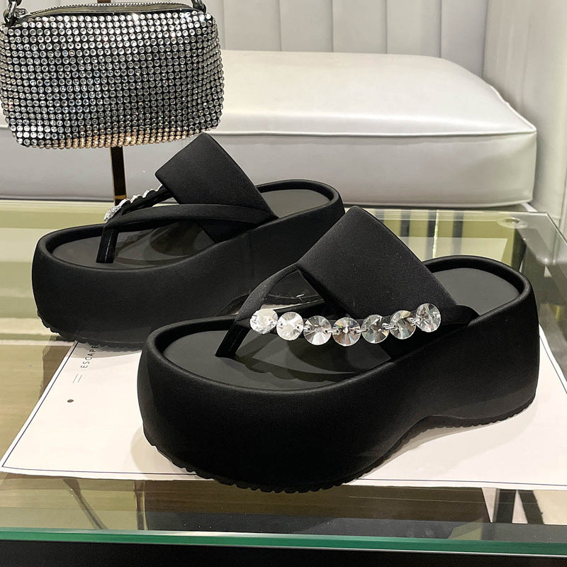 Women's Thick-soled Stylish Flip-flops Rhinestone Temperament Leisure Slippers Black - D&A