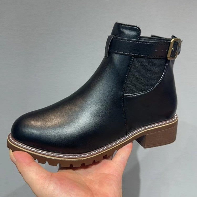 Belt Buckle Decoration Round Head Ankle Boots - D&A