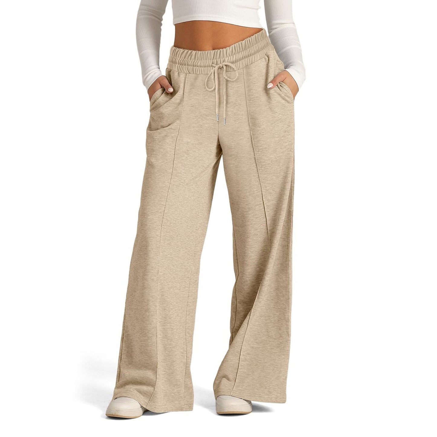 Women's Lace-up Solid Color Waist Tight Fashion Wide-leg Casual Pants Khaki - D&A