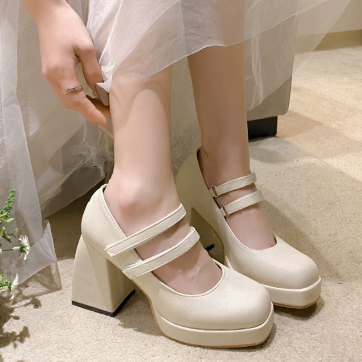 White Mary Jane Chunky Heel Wedding Shoes - D&A