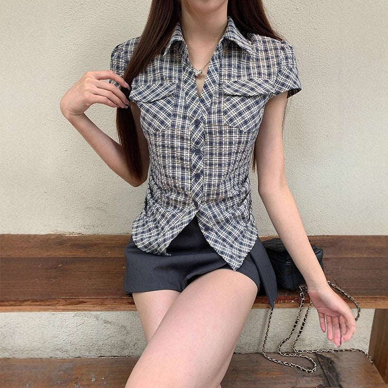 Women's Korean-style Retro Plaid Waist Shirt Summer New Plaid - D&A