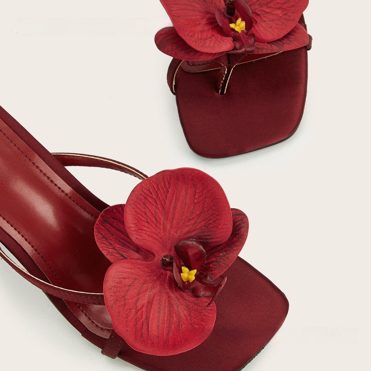 Wine Red Meiko Flower Decorative Flip-toe Square Toe High Heel Sandals - D&A