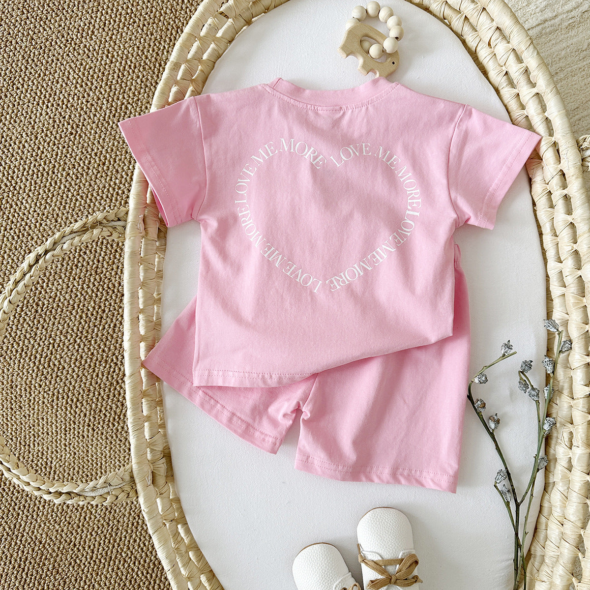 Heart Printing Short Sleeve Suit Korean Style Baby Boys' And Girls' Clothing Two-piece Set - D&A