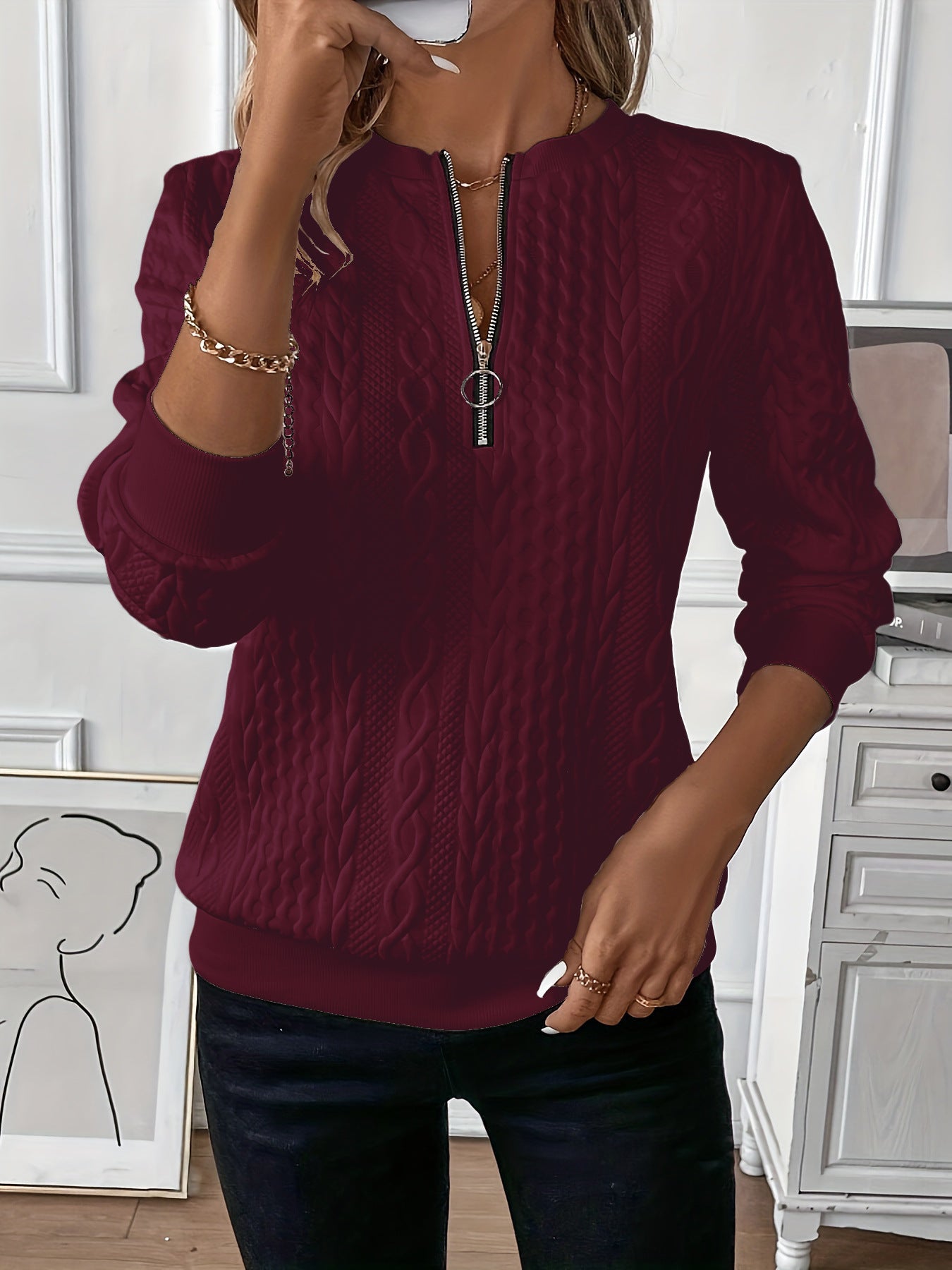 Short Women's Clothing With Zipper Sweater Long Sleeve Wine Red - D&A