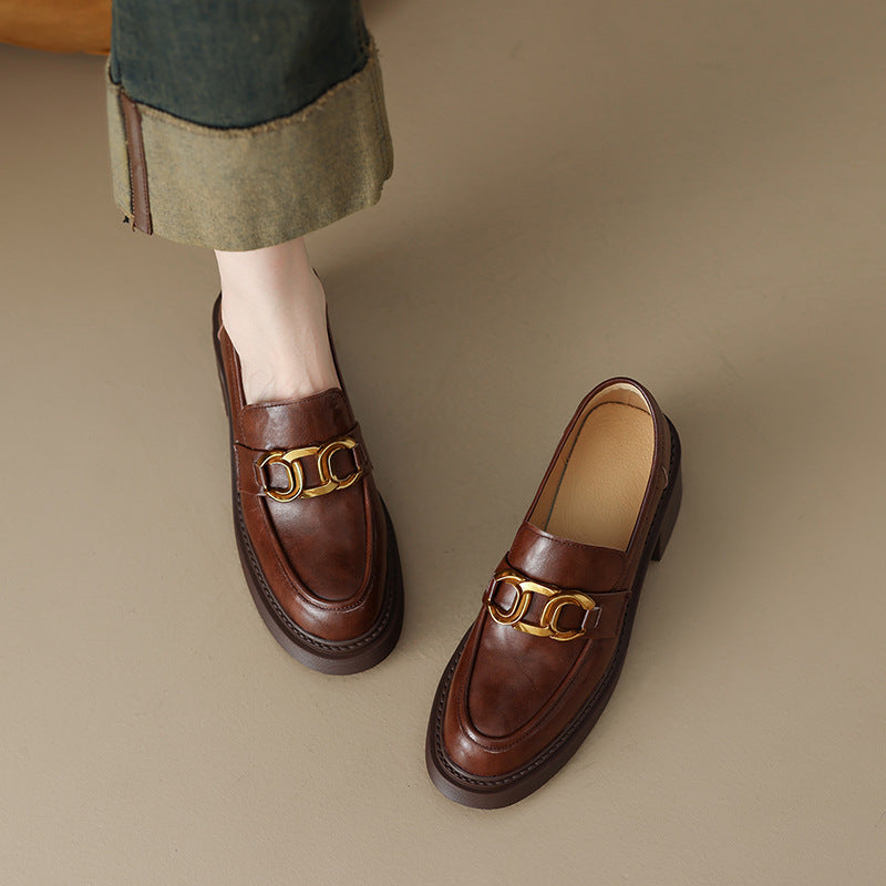 Sheepskin Preppy Style Metal Buckle High Heel Loafers Women - D&A