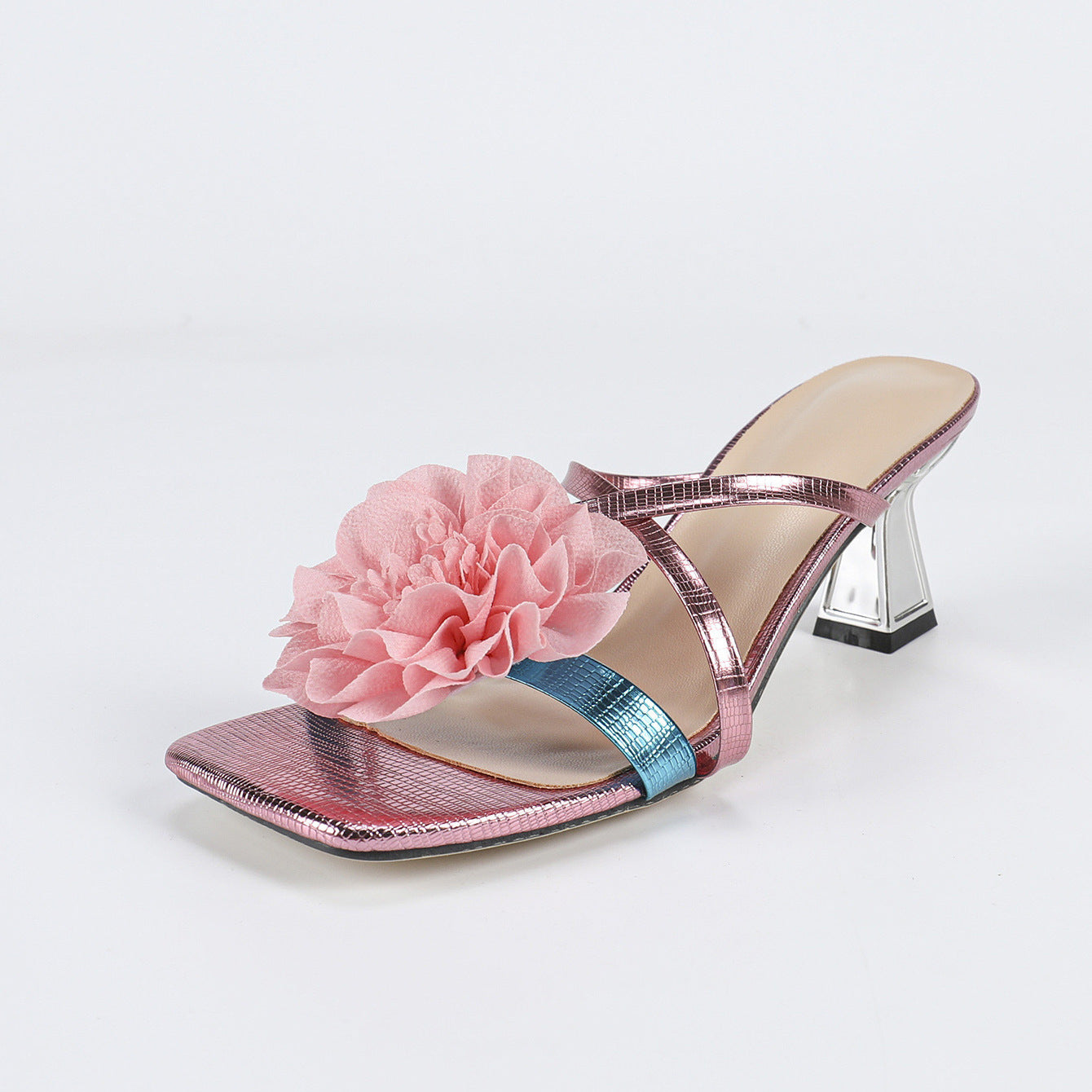Women's Square Toe Three-dimensional Flower High Heel Sandals - D&A