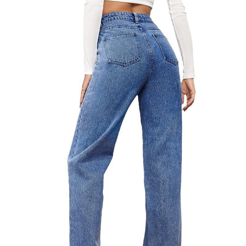 Washed Fashion Straight Jeans Women's Mid Waist - D&A