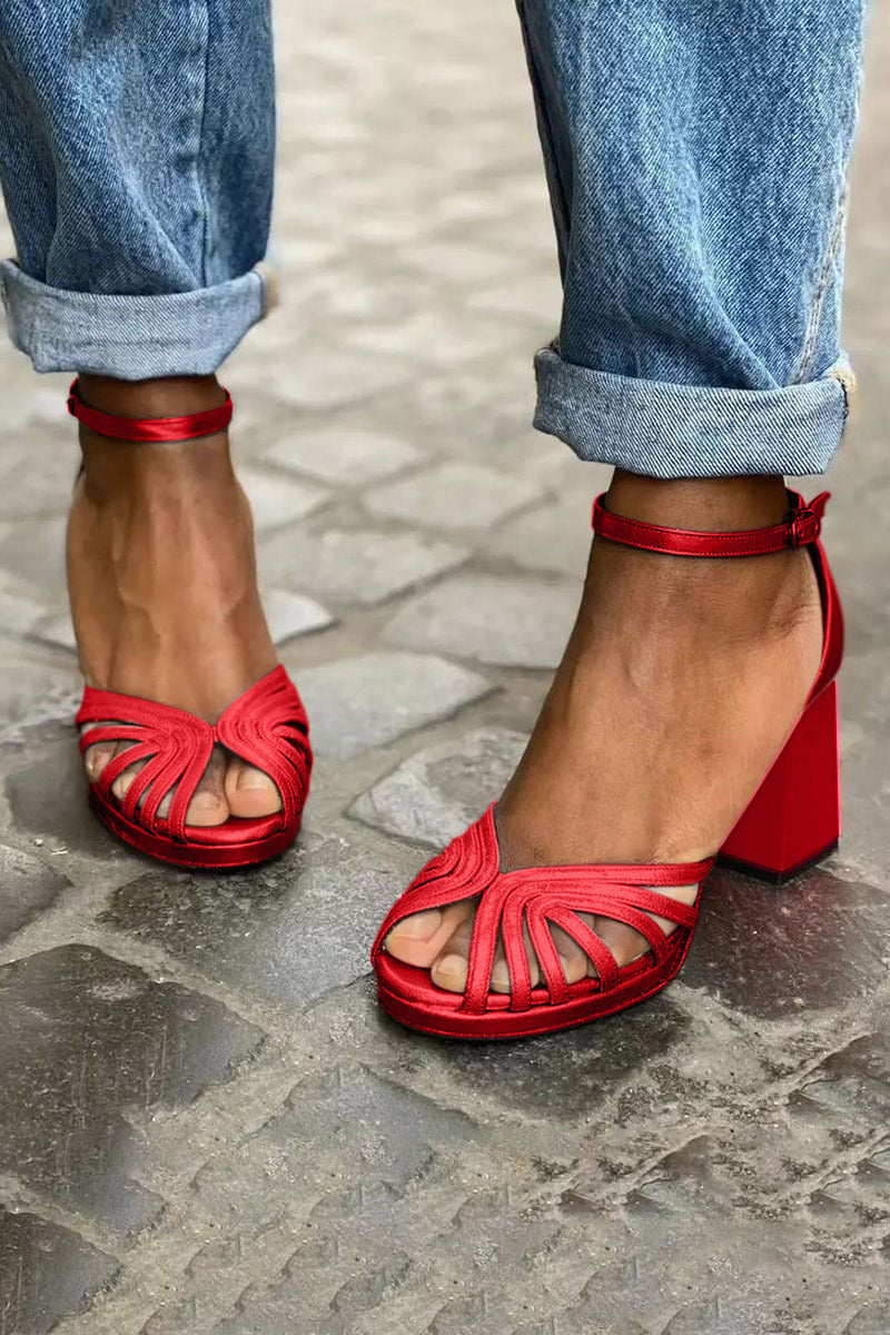 Women's High Heel Fashion Peep Toe Buckle Sandals Bright Red Pure Red - D&A