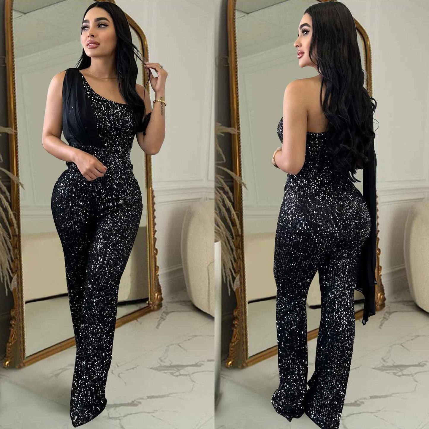 Women's Solid Color Sleeveless One-shoulder Sequined Trousers Jumpsuit