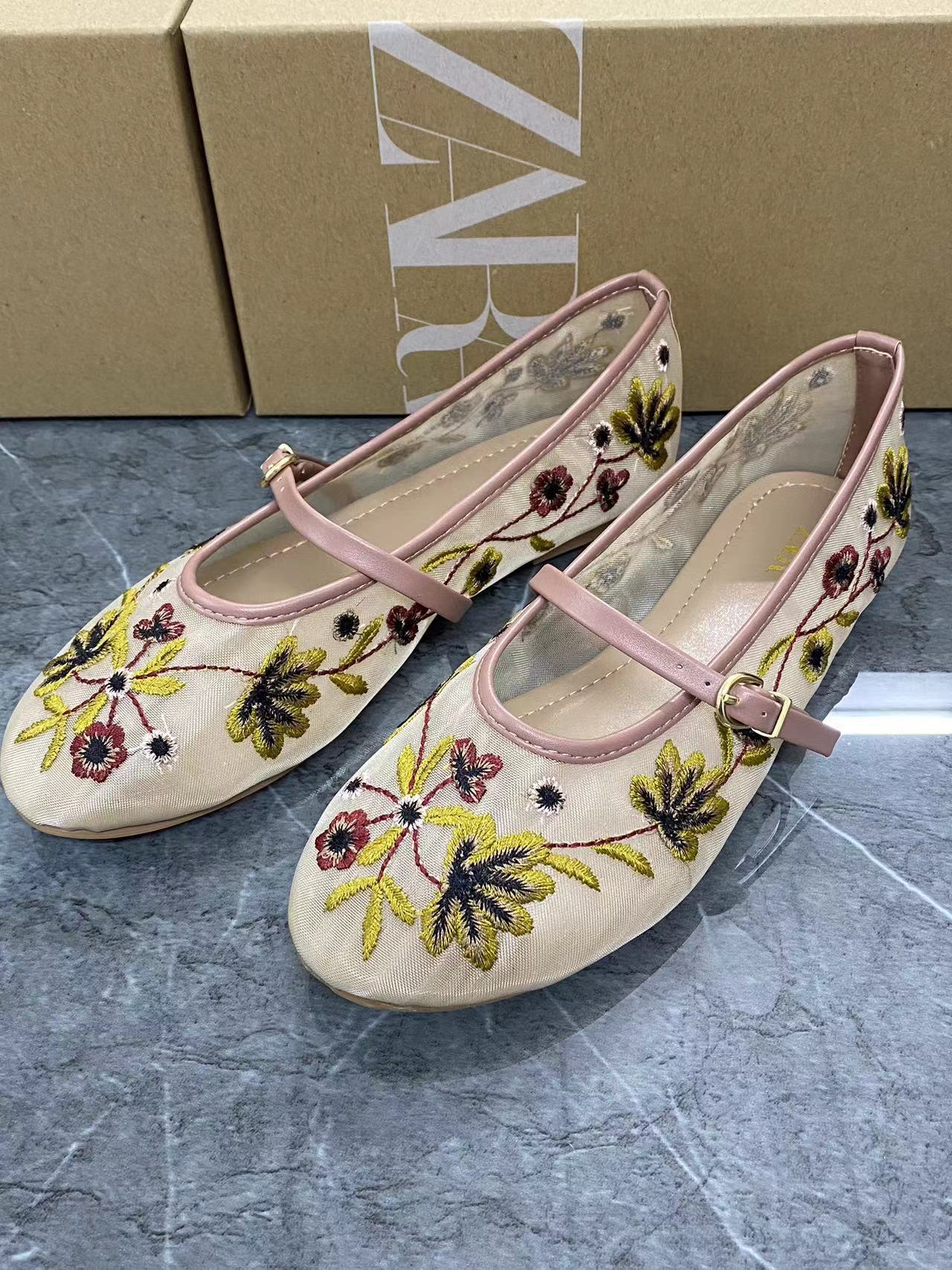 Women's Shoes Green Flower Embroidered Mesh Cloth Ballerina Flats New Guo Feng Rose Red - D&A