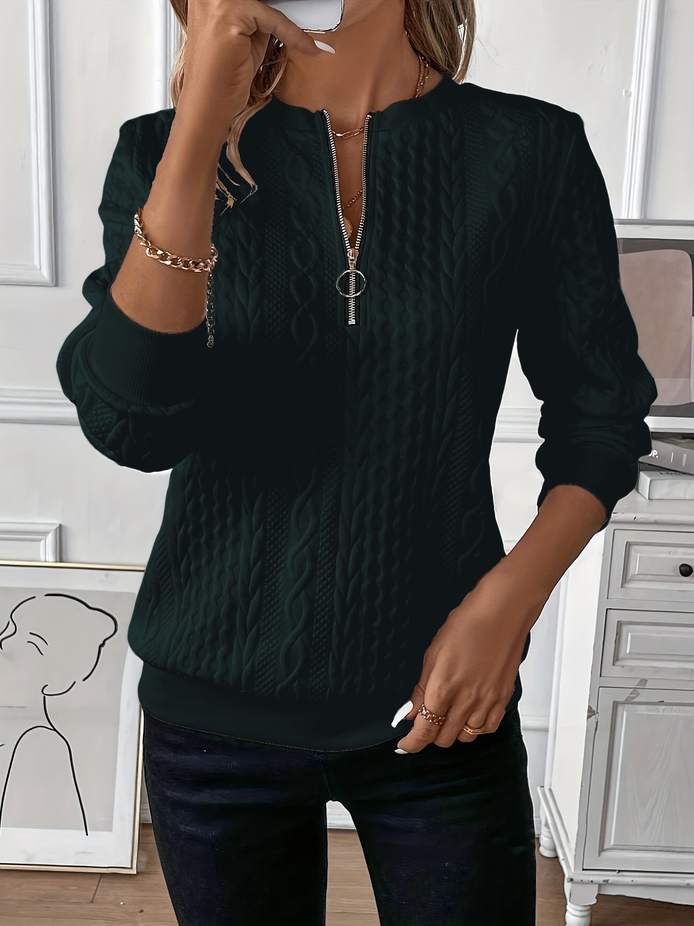Short Women's Clothing With Zipper Sweater Long Sleeve Dark Green - D&A