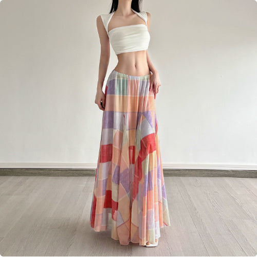 Colorful Flower Niche Artistic Colorblock Plaid Skirt - D&A