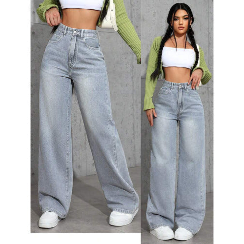 Sweet And Spicy Style High Waist Straight Jeans Gray And Blue - D&A