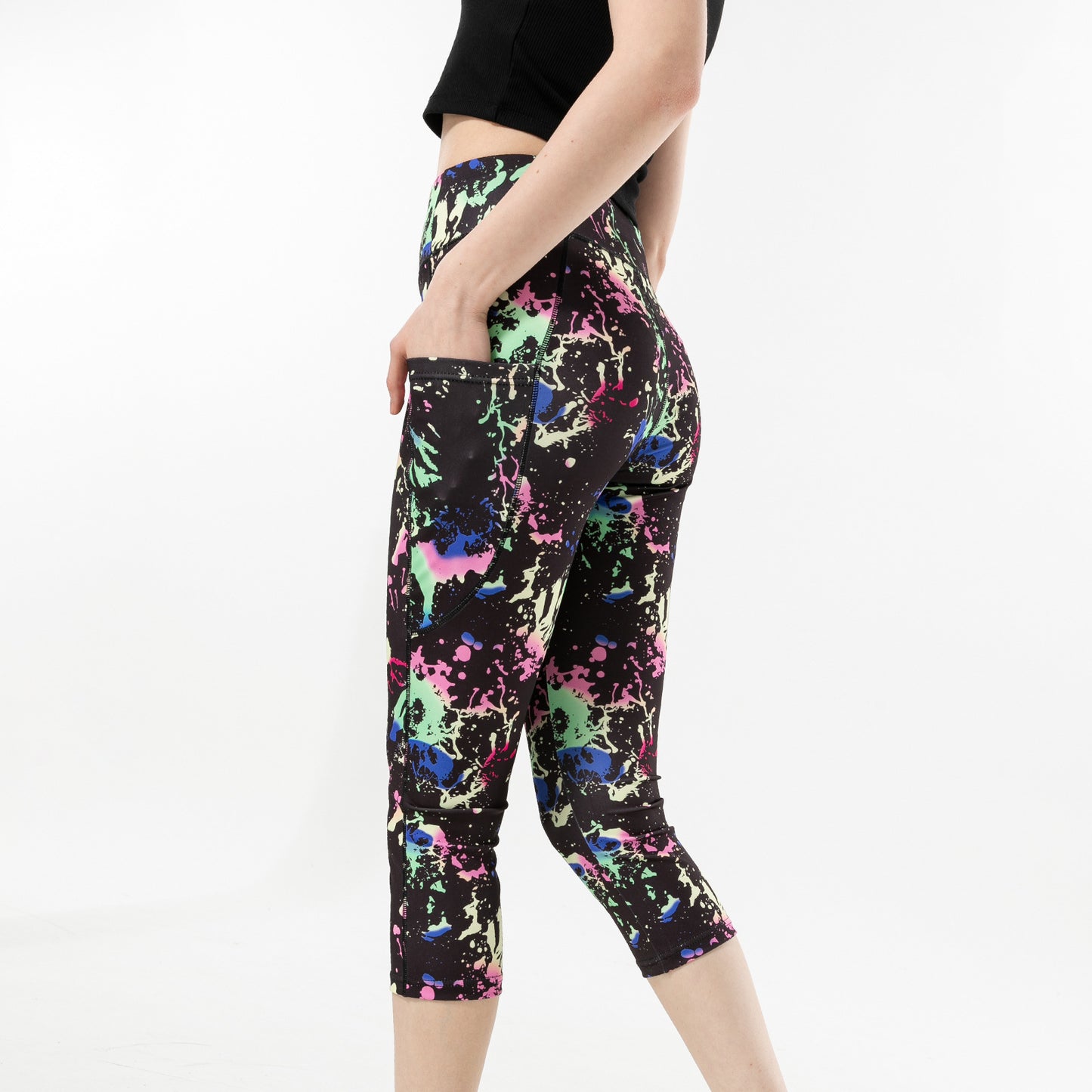 Three-color Water Drop Print Yoga Pants Pocket Cropped Leggings Tricolor Water Droplets - D&A