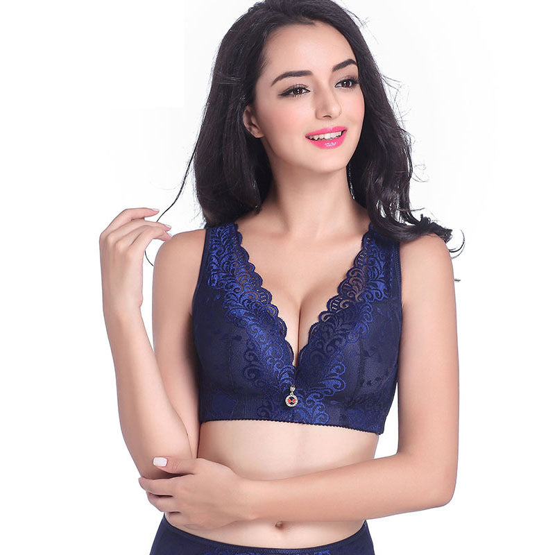 Oversized Bra Centerless Underwire Bra Wide Strap Adjuster Thin Large Cup Bra Blue - D&A