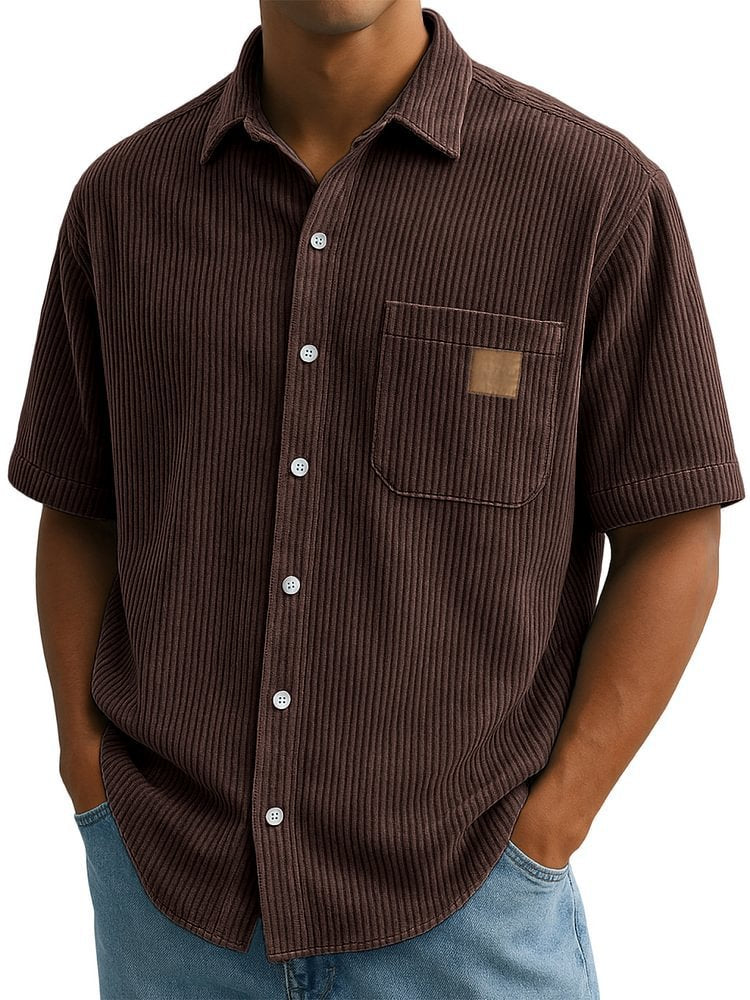 Versatile Leisure Corduroy Leather Sticker Pocket Short Sleeve Shirt Wine Red - D&A