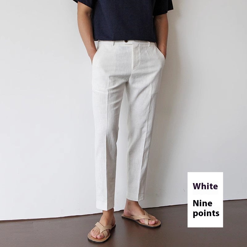 White For Men Cotton Fabric Cropped Linen Trousers White Ankle Length Pants - D&A