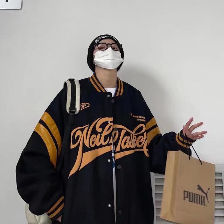 Baseball Uniform Jacket Loose Letters Men And Women Couple Jackets Black - D&A