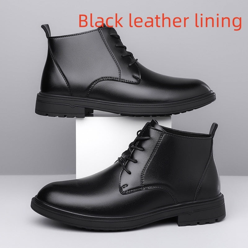Retro Lace Up Denim Trendy Mid-length Warm Non-slip Men's Martin Boots Black Leather Lining - D&A