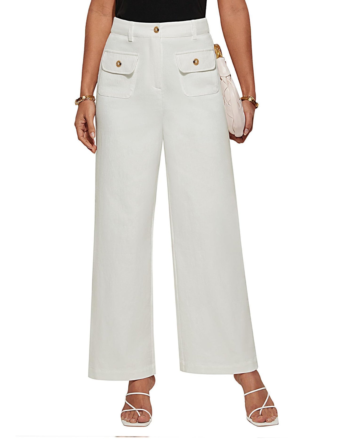 Women's High Waist Wide Leg Pants Stretch Casual Pants White - D&A