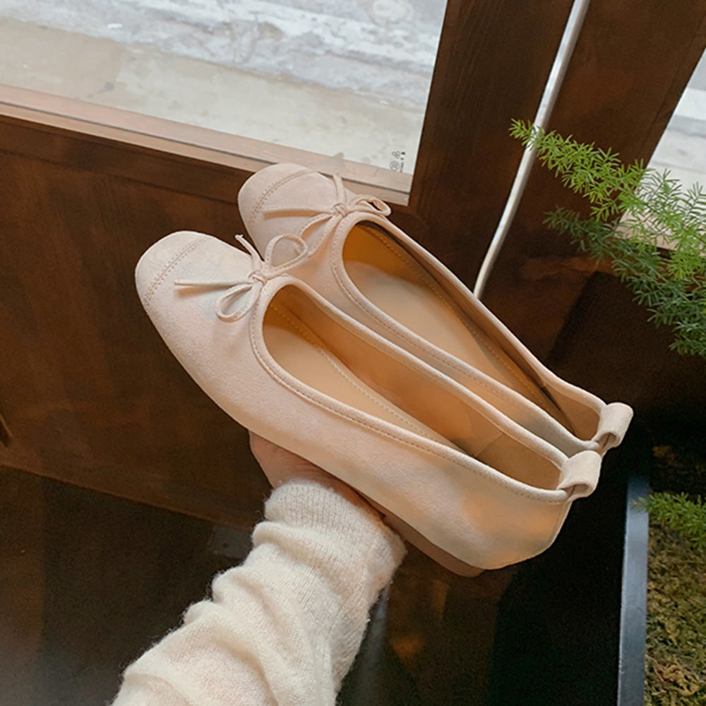 Women's Round-toe Ballet-style Bowknot Soft Surface Low-cut Flat Shoes Beige - D&A
