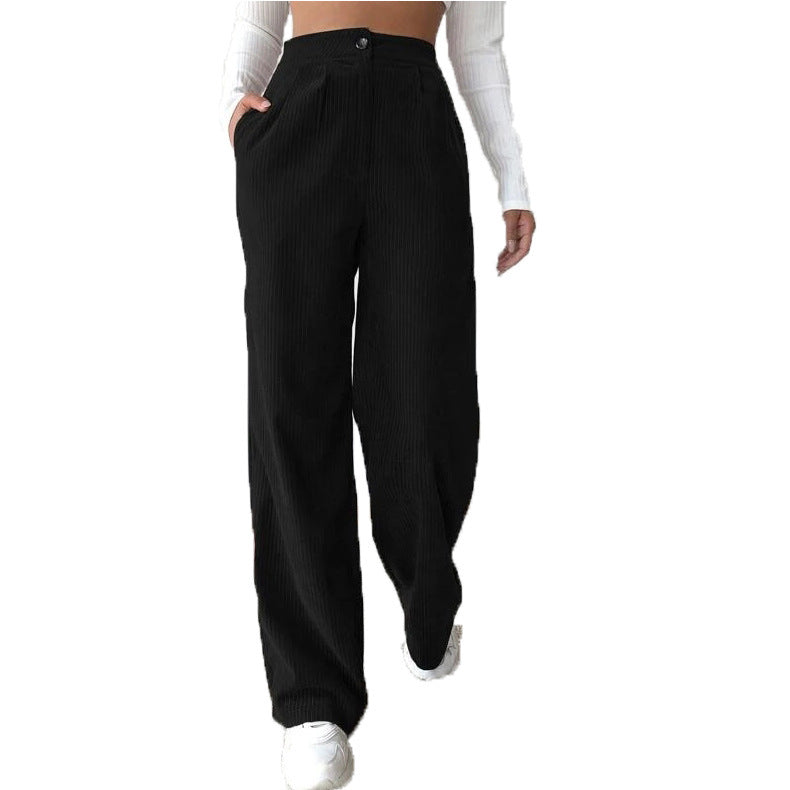 Women's High Waist Casual Pants Solid Color Corduroy Baggy Straight Trousers Black - D&A