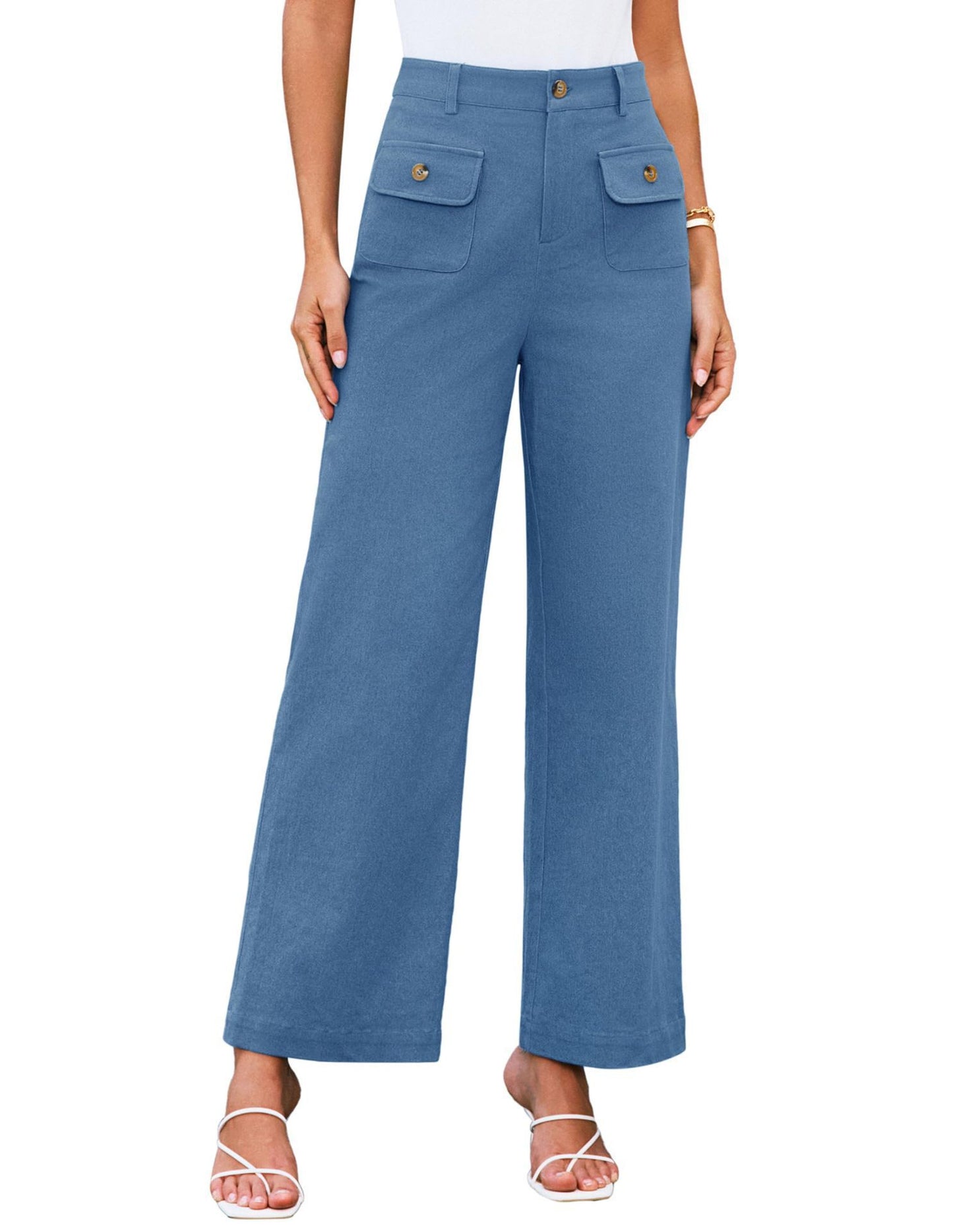 Women's High Waist Wide Leg Pants Stretch Casual Pants Dark Blue - D&A