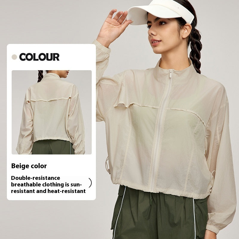 Summer Mountain Stand Collar Sports Jacket Women's Outdoor Breathable Lightweight Cardigan Beige Apricot - D&A