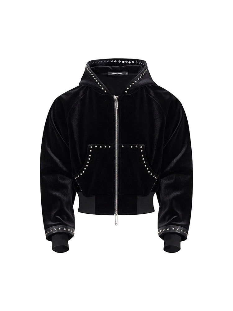 Gold Velvet Short Type Hooded Jacket Black - D&A