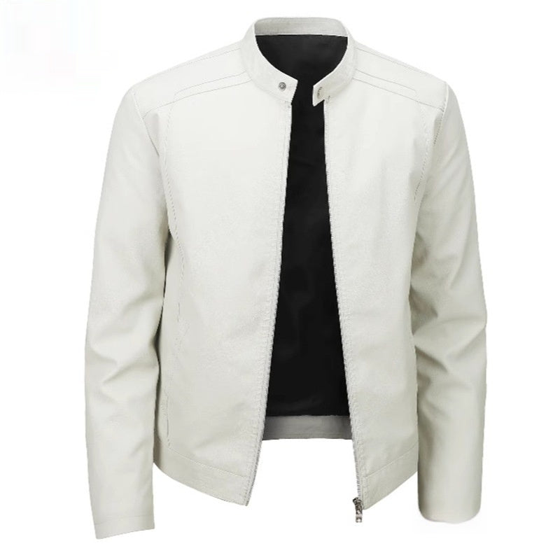 Spring And Autumn Men's Slim Leather Clothing With Stand Collar Jacket White - D&A