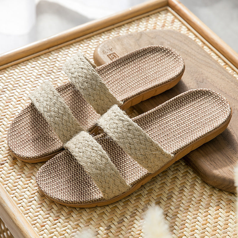 Women's Indoor Floor Platform Non-slip Flip-flops Household Slippers Beige Horizontal Bar - D&A