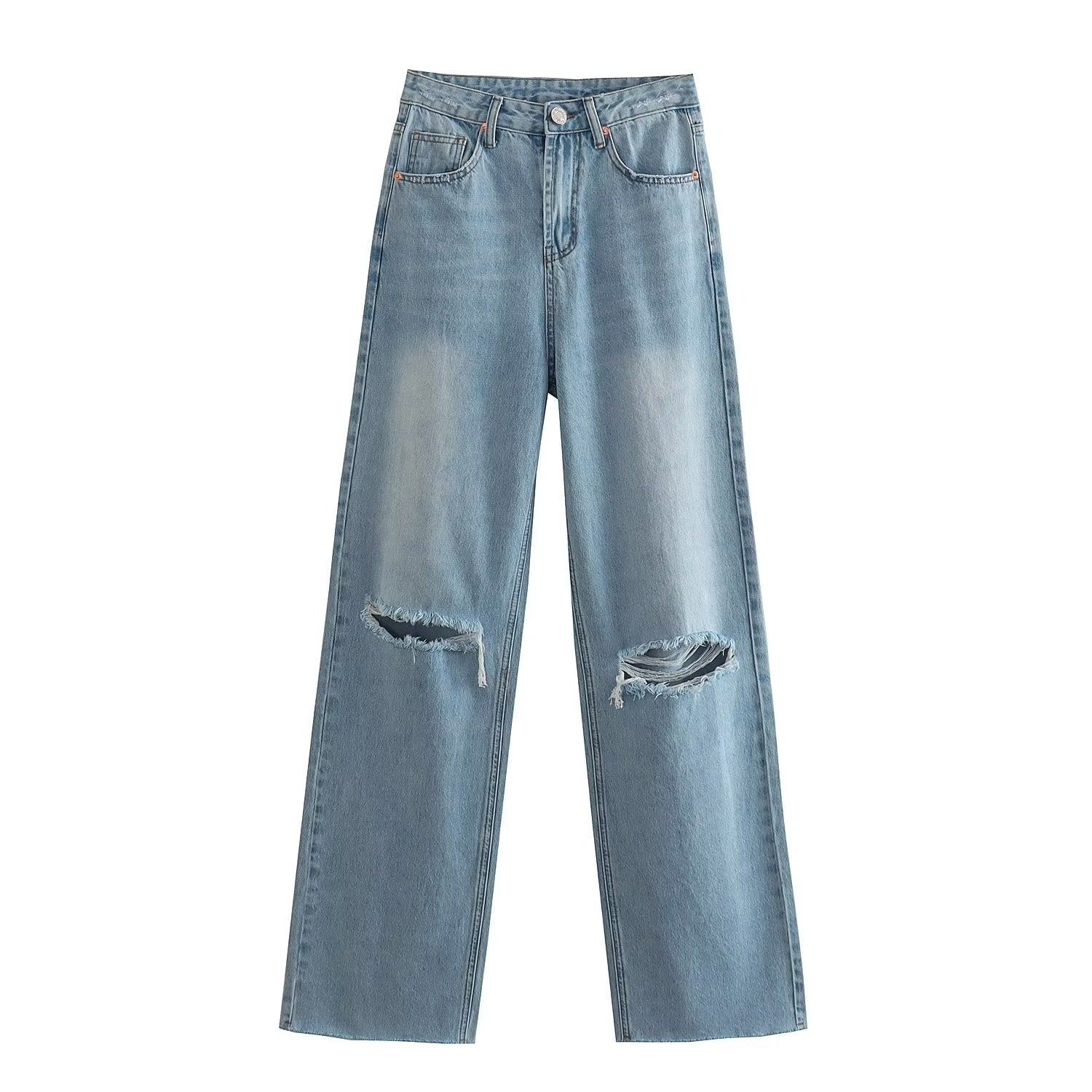 Spring And Summer Women's Perforated Hole Decoration High Waist Wide Leg Jeans Light Blue - D&A
