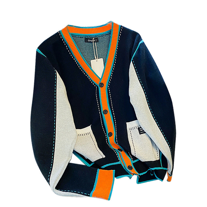Stitching Contrast Color Knitted Coat Men's Knitwear Sweater - D&A