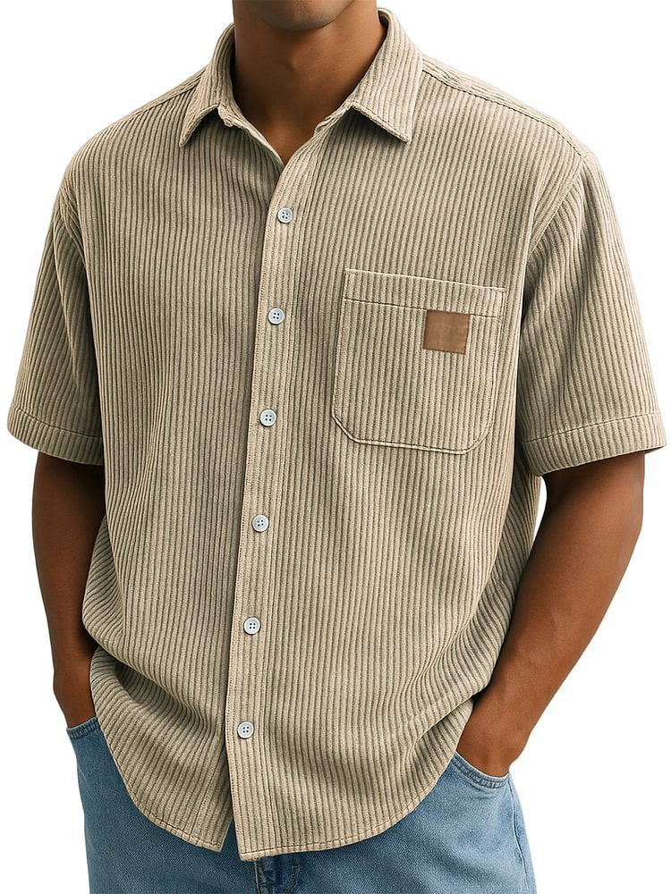 Versatile Leisure Corduroy Leather Sticker Pocket Short Sleeve Shirt Khaki - D&A