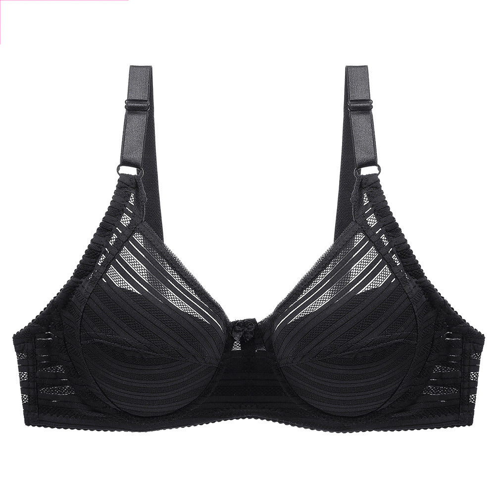 Striped Plus Size Bra Push Up Thin Breathable Bra Black - D&A