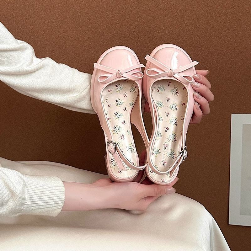 Summer New All-match Bow Satin Toe Cap Slingback Sandals Pink - D&A