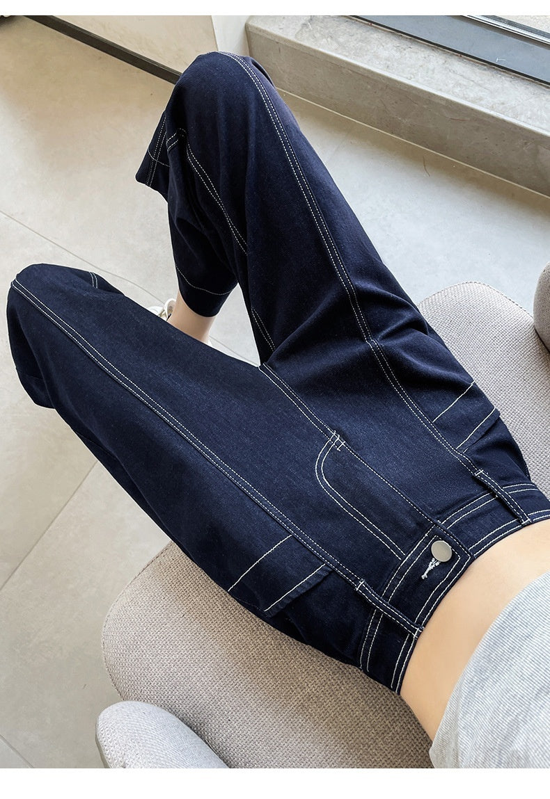 Stitching Double-line Wide-leg Denim Ankle-length Pants Women - D&A