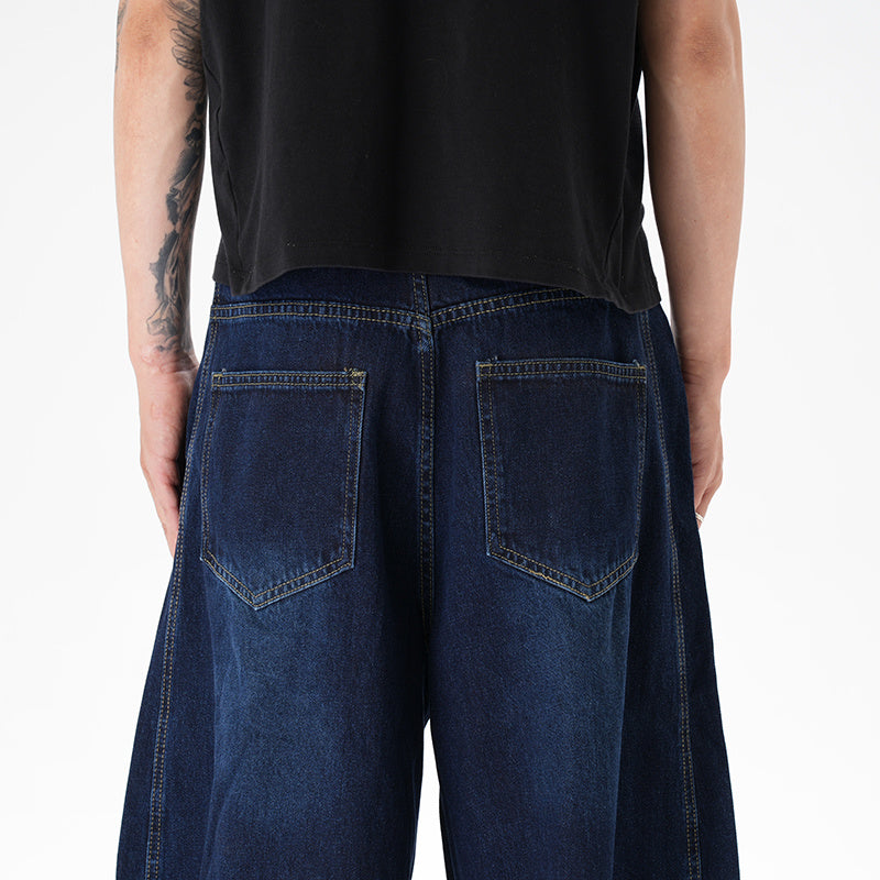 Washed Distressed Dark Blue Wide Leg Machete Jeans - D&A