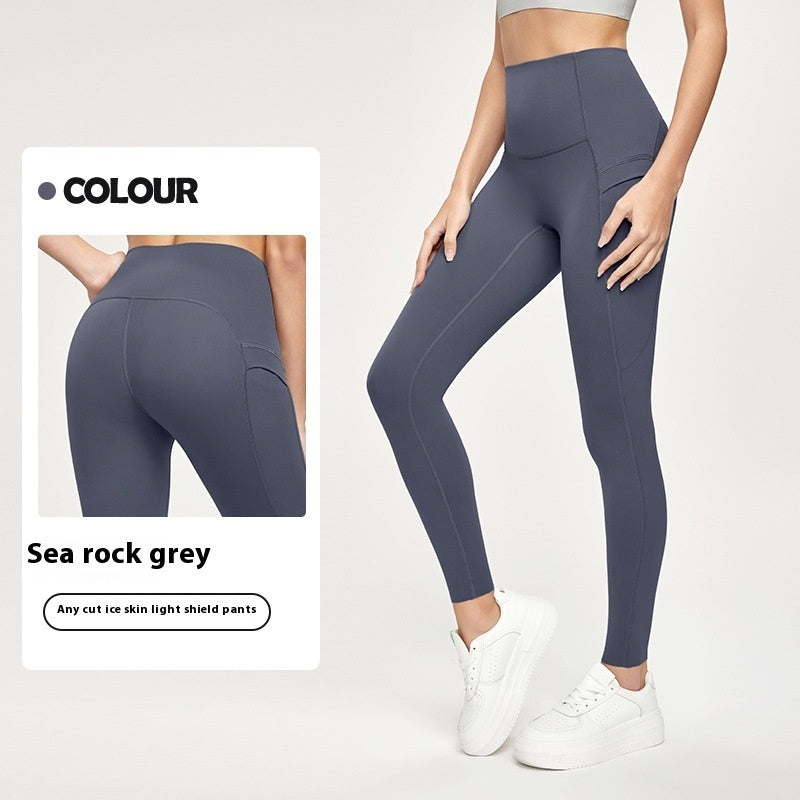 7A Antibacterial Cool Feeling Yoga Pants Outer Wear Pocket High Waist Hip Lift Sports Tights Sea Rock Gray - D&A