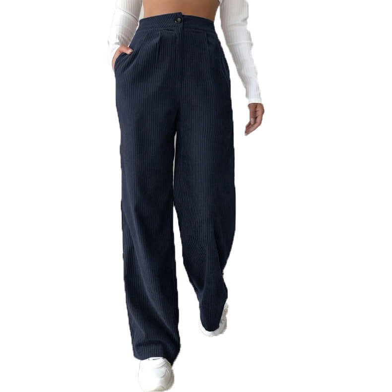 Women's High Waist Casual Pants Solid Color Corduroy Baggy Straight Trousers Dark Blue - D&A