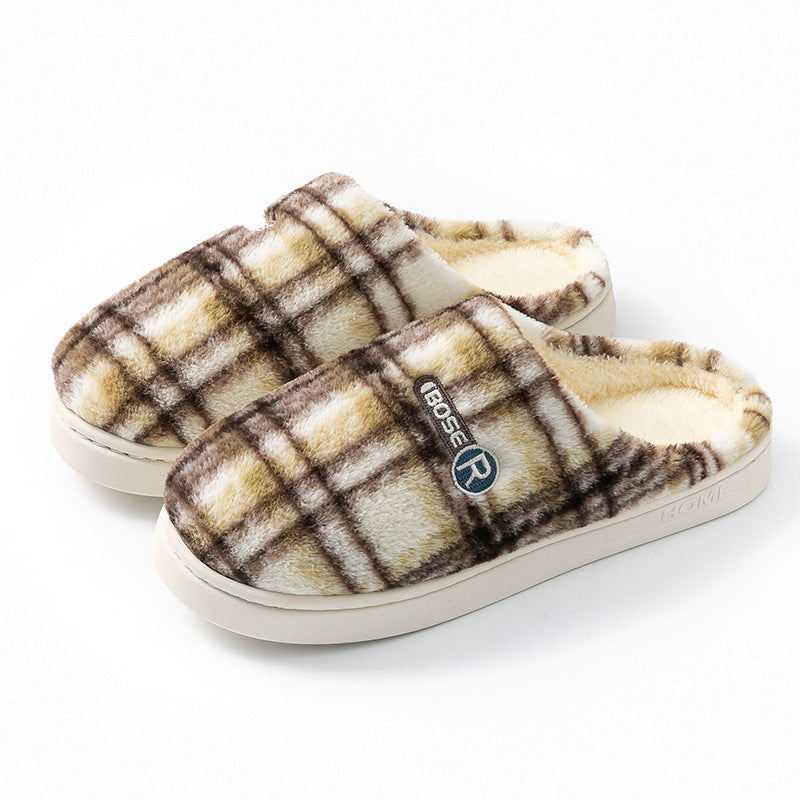 Women's Home Plush Warm Non-slip Plaid Cotton Shoes A857 Coffee - D&A