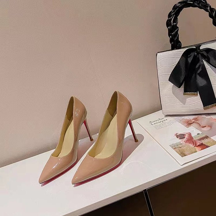 Women's Pointed Low-cut Patent Leather High Heels - D&A