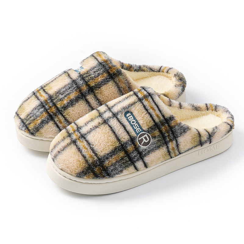 Women's Home Plush Warm Non-slip Plaid Cotton Shoes A857 Gray - D&A