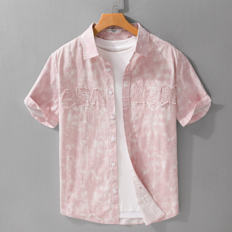 Summer Menswear Hanging Dyed Printed Simple Short Sleeve Light Pink - D&A