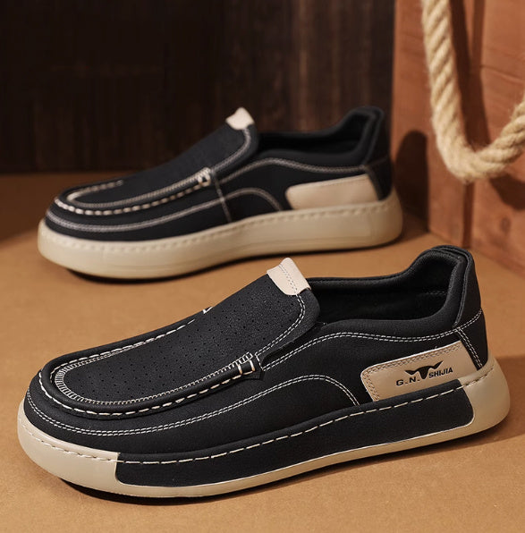 Breathable Hollow Leather Shoes Slip-on Men's Summer Business Casual Shoes Black - D&A